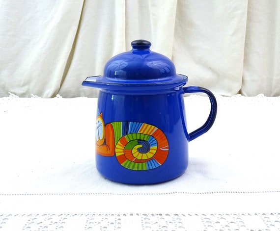 Vintage Czech Smaltum Praha Blue Enameled Lidded Milk Jug with Cat Pattern, Retro 1980s Enamelware from Europe with Feline Design