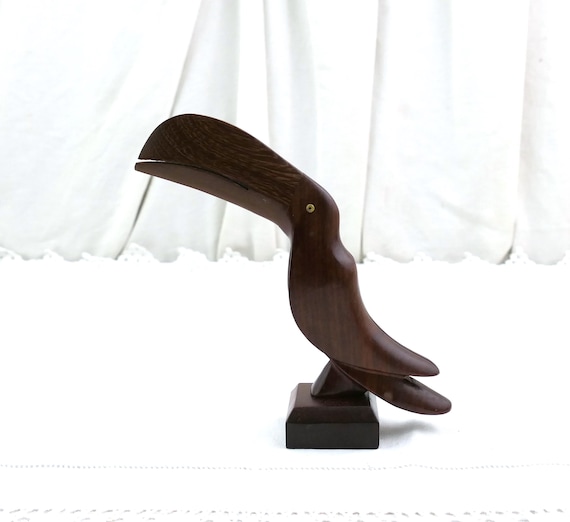 Vintage Wooden Toucan Bird Sculpture in Dark Brown Carved Wood, Retro Mid Century Modern Tropical Bird Figurine  Desk Collectible Decor