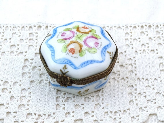 Small Hexagonal Vintage Limoges Porcelain Pill Box with Hand Painted Pink Rose Flower Pattern, Retro Fine China  France, Collectible Pottery