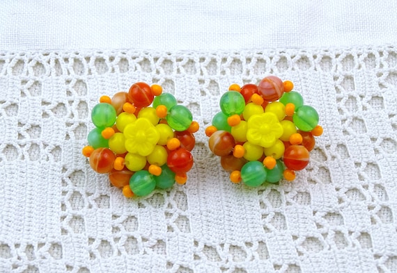 Vintage 1960s Colorful Glass Beaded Clip On Earrings, Retro Mid Century Woman's Ear Fashion Jewelry France, Parisian Fun Loving Girl Gift,