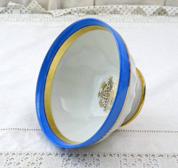 Small Vintage French Porcelain China Coffee Bowl with Gold Pattern and Blue Banding, Retro Delicate Cafe Latte Drinking Bowl from France,