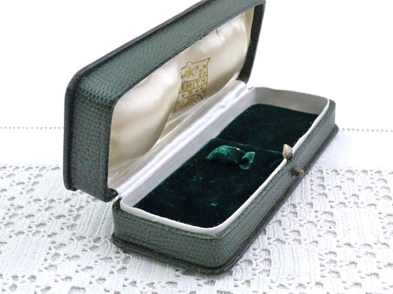 Vintage French Rectangular Shaped Green Leather Bound Jewelry Box Satin and Velvet Interior, Retro Brooch Pin Container from France