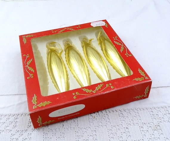 4 Large Vintage Golden Glass Tear Drop Christmas Decorations, Retro 1980s Glassware Tree Ornaments France, Xmas Seasonal Magic Decor