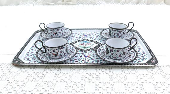 Small Antique Persian Handpainted Enamel Tea Set with Tray and Cups and Saucers, Retro Collectible Enamelware from The Middle East