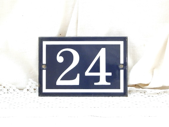 Vintage Traditional French Dark Blue and White Metal Number Plaque 24, Retro Porcelain House Street Enameled Address Sign from France