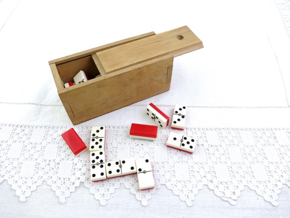 Vintage French Red and White Galalith Domino Set in Wooden Box, Retro Boxed Erinoid  Table Game from France, 1930s Old Style Brocante