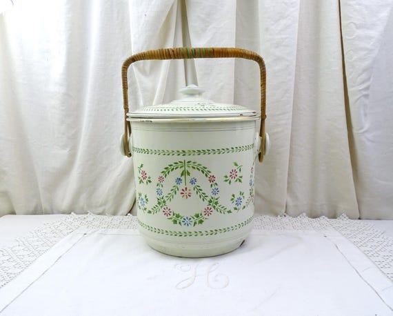 Antique French White Enamel Bucket with Lid and Garlands of Flower Pattern and Wrapped Wicker Handle, Vintage Chateau Chic Enamelware