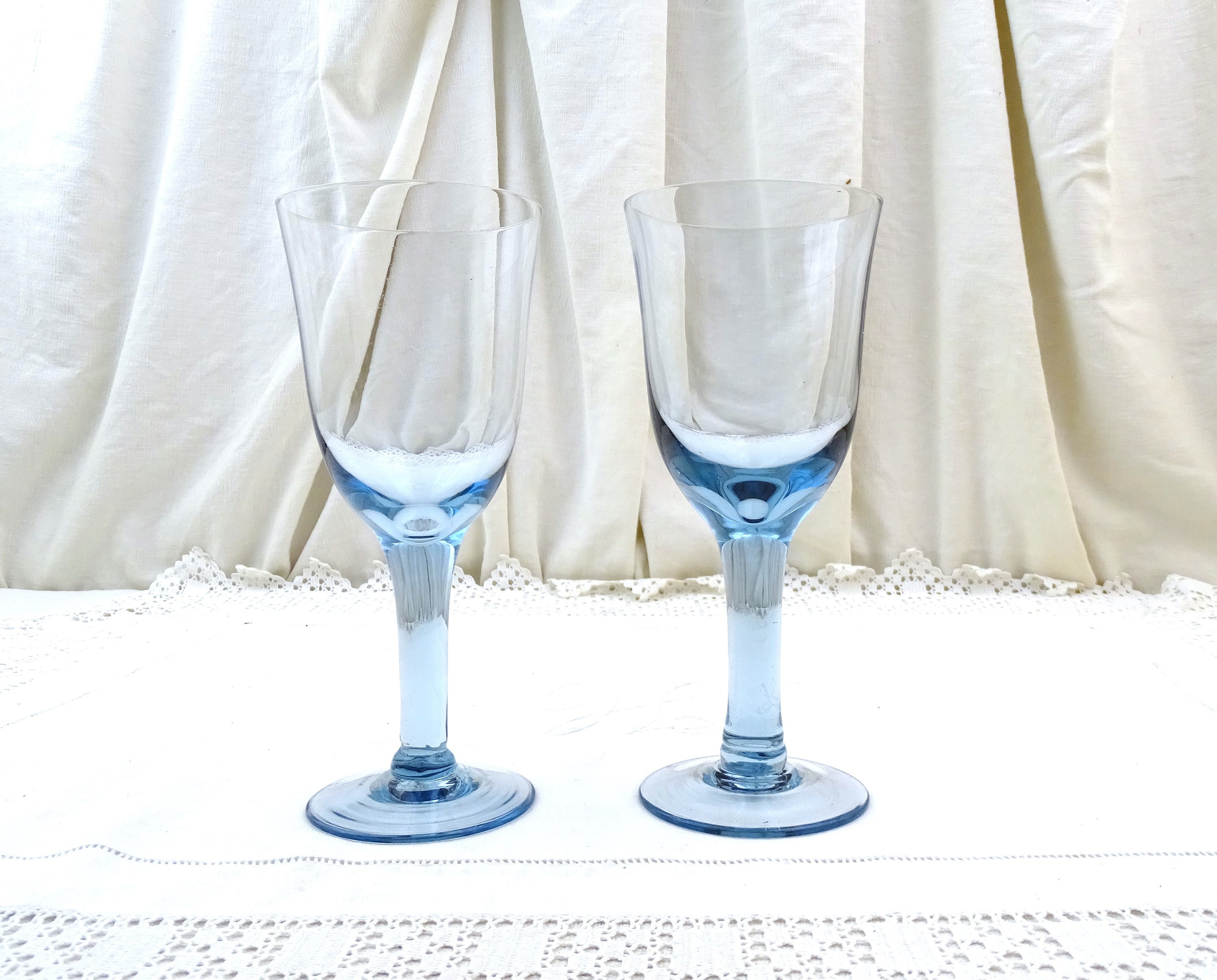 2 Large Vintage French Blue Blown Glass Stem Wine Glasses, Tall Retro Hand  Crafted Glassware Goblets from France, Big Drinking Glasses