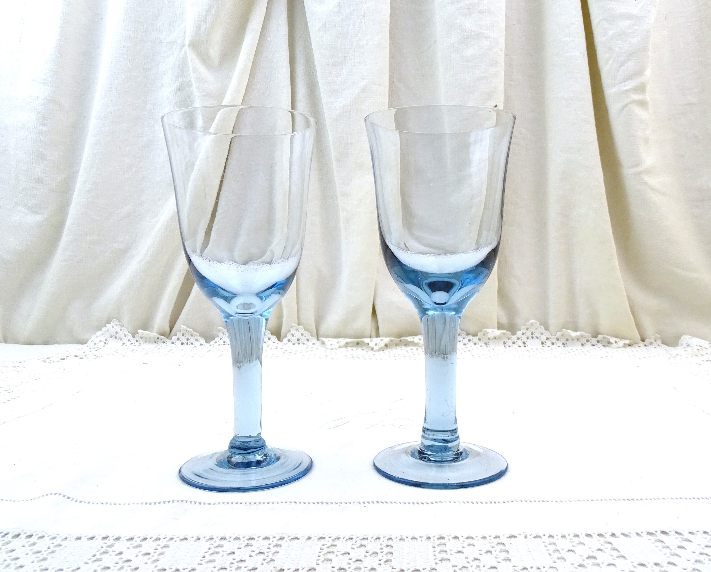 2 Large Vintage French Blue Blown Glass Stem Wine Glasses, Tall Retro Hand  Crafted Glassware Goblets from France, Big Drinking Glasses