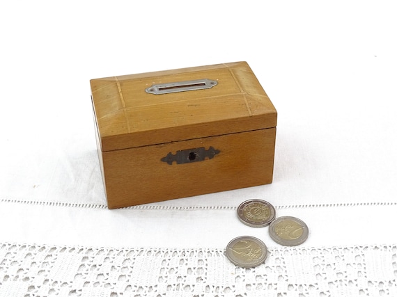 Small Antique 19th Century French Wooden Cash Money Box, Vintage Bank Safe made of Wood From France, Brocante Flea Market Farmhouse Decor