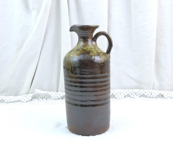 Vintage French Studio Pottery Stoneware Bottle Jug Vase with Brown Olive Drippy Glaze, Handmade Rustic Ceramic Pitcher, Farmhouse Decor