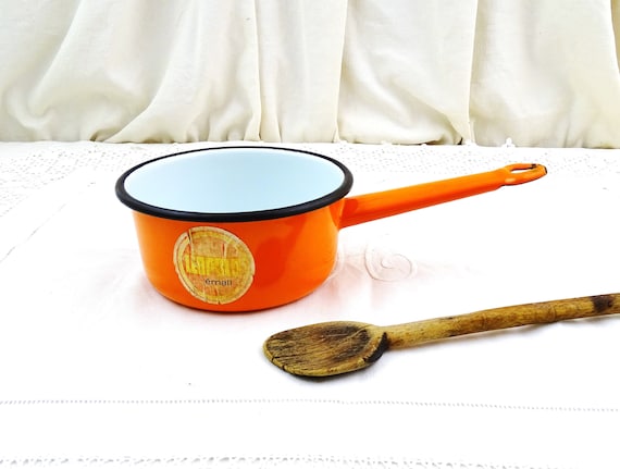 French Vintage Mid Century Unused Bright Orange Enamel Cooking Pan with Original Markers Label, 1960s Kitchenalia from France,