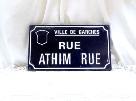 Vintage French Embossed Blue and White Enamel Metal Street Sign "Athim Rue" Street in the Town of Garches near Paris, Porcelain Sign France