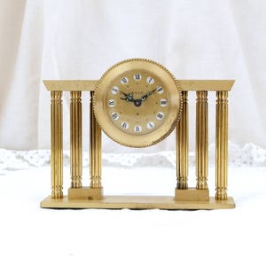 Working Vintage Mid Century Gold 1950s Rare French Mechanical Ornate Alarm Clock Solo, Made in France, Unusual Wind-up Metal Bedside Clock