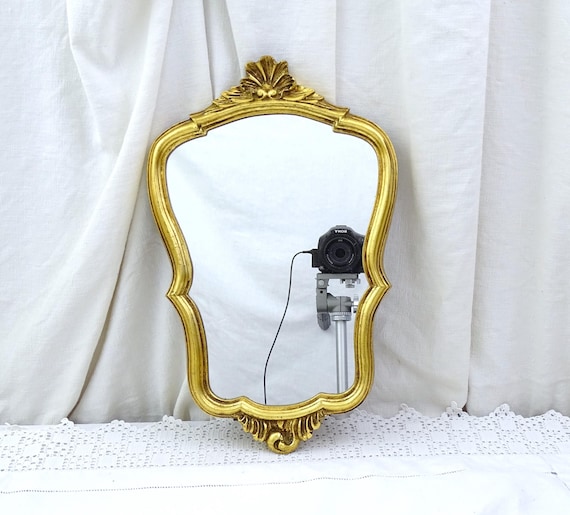 Small French Vintage Mid Century Gold Gilt Famed Wall Mirror, Retro 1960s Gilded Golden Frame with Mirror, Shabby Chateau Chic Decor France