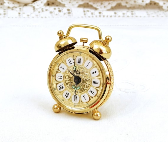 Small Vintage Mechanical Unused Alarm Clock, Retro 1970s West German Wind Up 2 Bells Gold Colored Clock with Roman Numerals, Bedroom Decor
