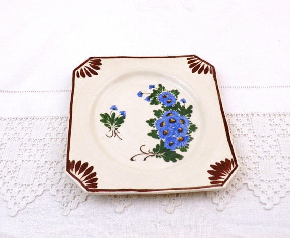 Vintage French Square Decorative Handmade Pottery Plate by Emile Tessier from Malicorne Sarthe, Retro 1930s Ceramic Wall Decor from France