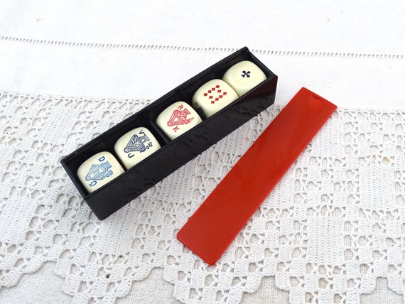 Vintage Set of French English 5 Pocket Poker Dice with Red and Black Storage Box with Sliding Lid, Retro Fun Toy Game Accessory from France