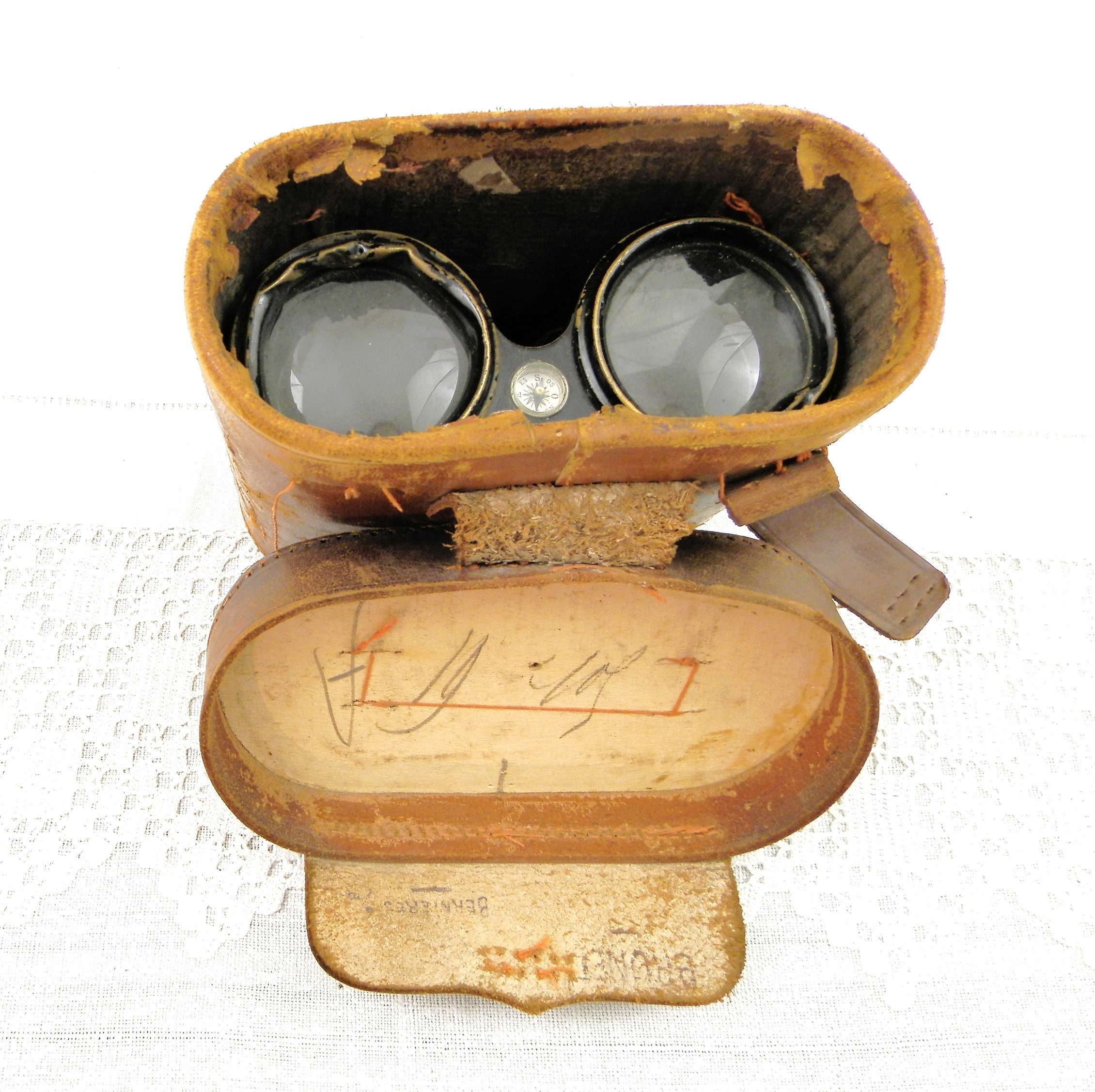 Small Working Antique French WW1 Linx Binoculars and Compass with