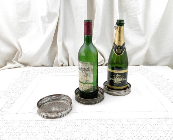 Set of 3 Antique French 19th Century Silver Plated Wine Bottle Coasters, Shabby Chateau Chic Dinner Tableware, Brocante Parisian Decor