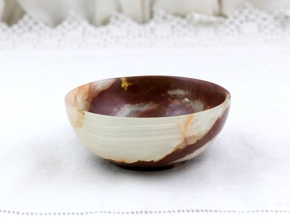 Vintage Pale Green Veined Carved Polished Agate Bowl, Retro Onyx Stone Decorative Vessel with Brown Veins, Natural Artisan Home Decor