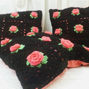 3 Vintage Mid Century Crocheted  Black with Pink Roses Boho Style Scatter Cushions, Retro 1960s Handmade Crochet Pillow, 60s Interior Decor