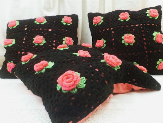 3 Vintage Mid Century Crocheted  Black with Pink Roses Boho Style Scatter Cushions, Retro 1960s Handmade Crochet Pillow, 60s Interior Decor