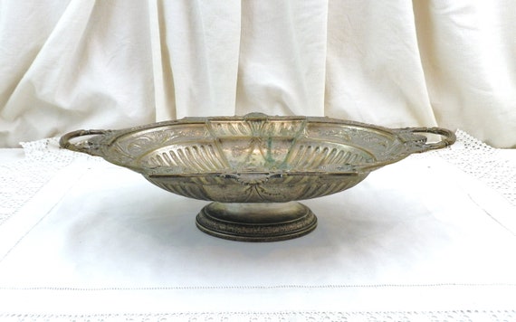 French Antique Distressed Worn Silver Plated Ornate Pedestal Centerpiece, Vintage Pressed Metal Compote from France, Victorian Metalware