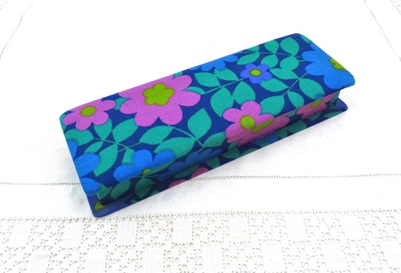 Vintage French Mid Century Modern Fabric covered Long Thin Decorative Box with Purple and Pink Bold Flower Pattern, Retro 1960s Home Decor