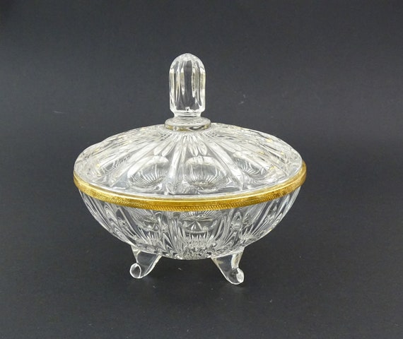 Vintage Round Clear Crystal Glass Lidded Bonbonniere Bowl 3 Legs and Gold Tone Metal Rim, Retro Glassware, Hollywood Regency Chic Dish