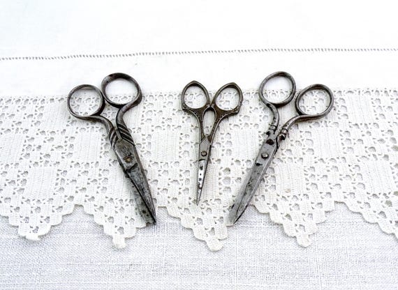 3 Antique French Working Iron Scissors with Forged Decorated Handles, Vintage Metal Craft Snips from France, Ladies Shears Craft Accessory