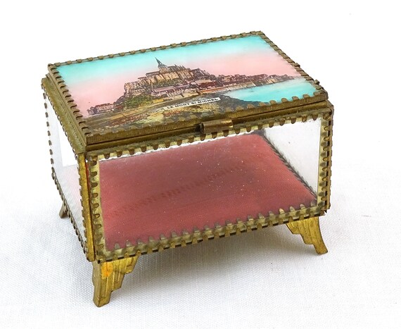 Antique French Souvenir Glass Jewelry Box from the Mont saint Michel in Normandy, Vintage Vacation Gift from Saint Michael's Mount Brittany