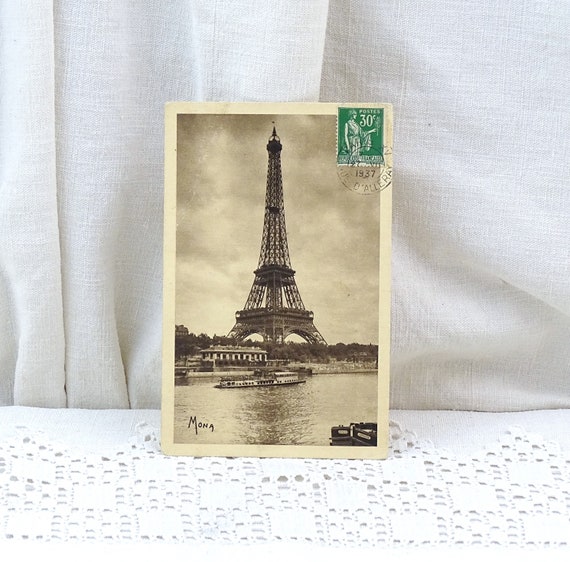 French Vintage 1930s Sepia Black and White Postcard of the Eiffel Tower in Paris and River Seine,  Retro Picture of Parisian Monument