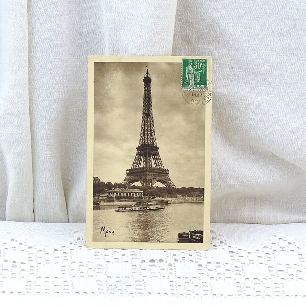 French Vintage 1930s Sepia Black and White Postcard of the Eiffel Tower in Paris and River Seine,  Retro Picture of Parisian Monument