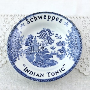 Small Round Promotional Advertising Willow Pattern Ashtray for Schweppes Indian Tonic made by Lunneville France, Retro Blue and White China