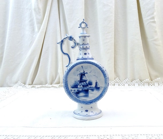 Vintage Dutch Delft Blue and White Ceramic Pitcher and Corked Stopper with Windmill Pattern, Retro Decorative Functional Bottle from Holland