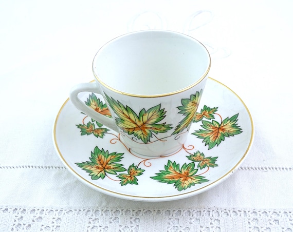 Vintage Pottery Ditmar Urbach Cup Saucer with Vine Leaf Pattern in Fall Colors, Retro Autumn Style  Cottegecore Decor from Czech Republic,