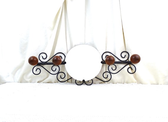 Vintage French Wall Mounted 4 Ball Hook Coat Rack with Round Mirror and Black Forged Metal Frame, Retro 1960s Hall Furniture from France