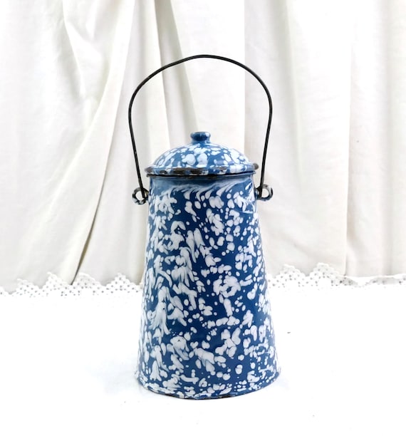French Antique Blue Porcelain Splatterware Enamel Milk Pail, Retro Country Enamelware France, Rustic Farmhouse Kitchen Cottagecore Decor