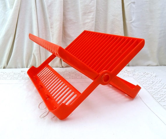 Vintage Mid Century Bright Red Folding Plastic Dish Drainer, Retro Kitchen Washing Up Accessory from France, Small Apartment Sink Rack