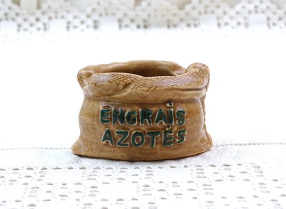 Small Vintage French Novelty Pottery Ashtray Shaped as Bag of Fertilizer Engrais Azotes, Promotional Smoking Accessory by Sfipe from France