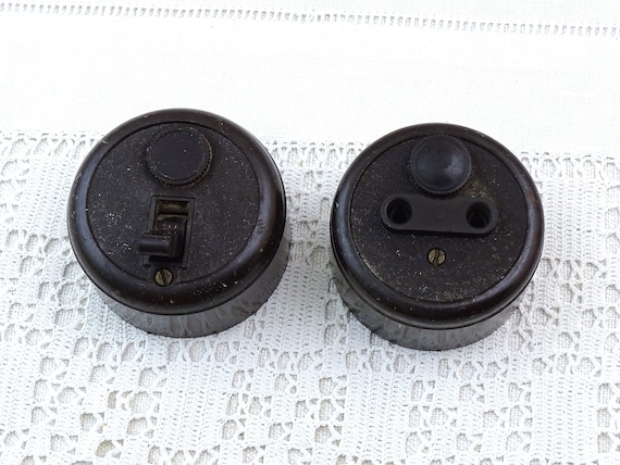 2 French Vintage Round Bakelite Light Switch and Plug, Retro Old Style Lighting Fixture from France, Early 1900s Electrical Accessory