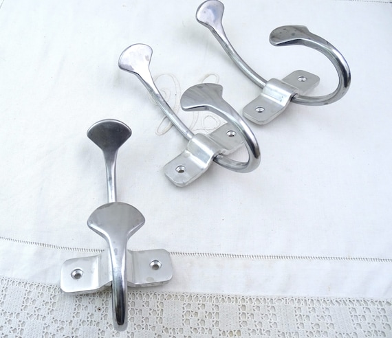 Set of 3 Large Vintage French Stainless Steel Coat and Hat Hooks, Retro Silver Tone Metal Coat Rack, Industrial Minimalist Clothes Storage