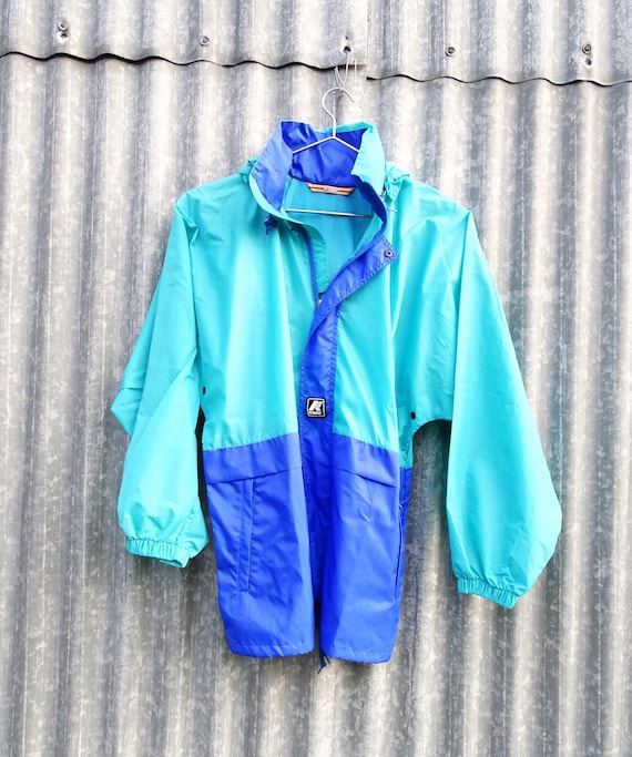 Vintage 1990s - KY2 XS Bright Colored  Blue and Pale Blue KWay Wind Break Jacket Fold Up Bum Bag, Retro Travel Light Shower Proof Coat