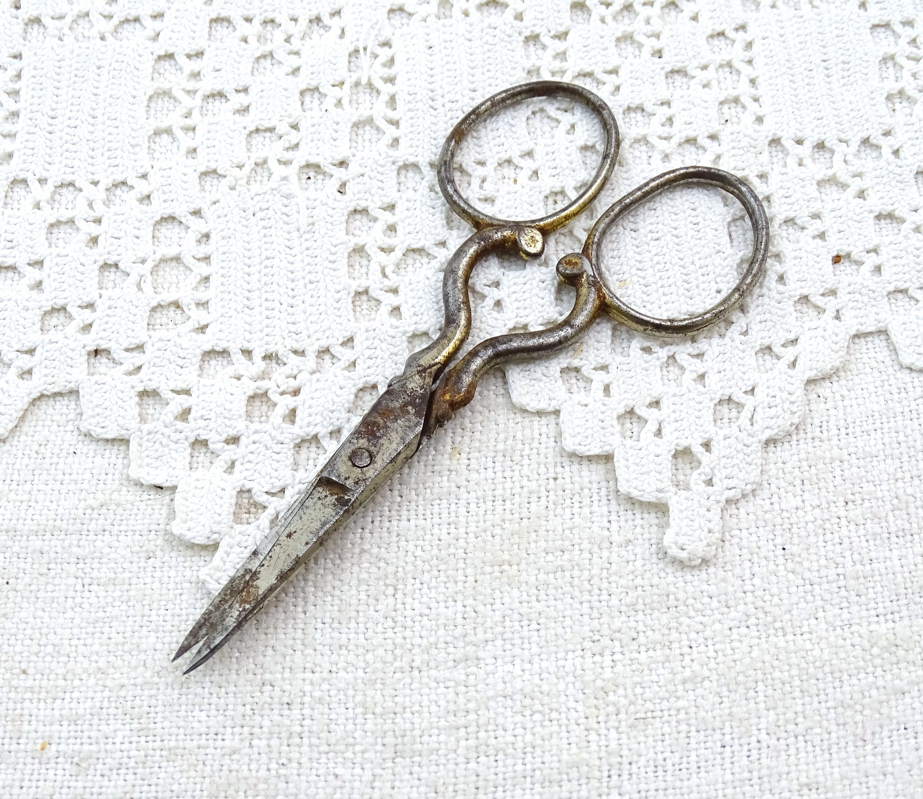 Small Antique French Working Iron Embroidery Scissors, Vintage