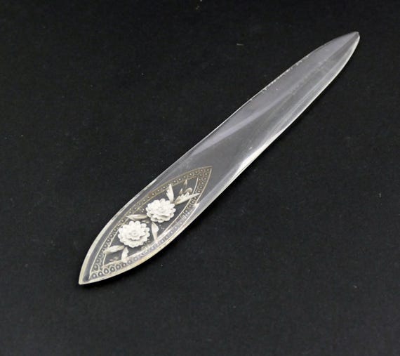 Vintage French Reversed Carved Clear Lucite Paperknife, Retro Office 1940s Envelope Opener  with Flower Pattern, Unique Desk Accessory