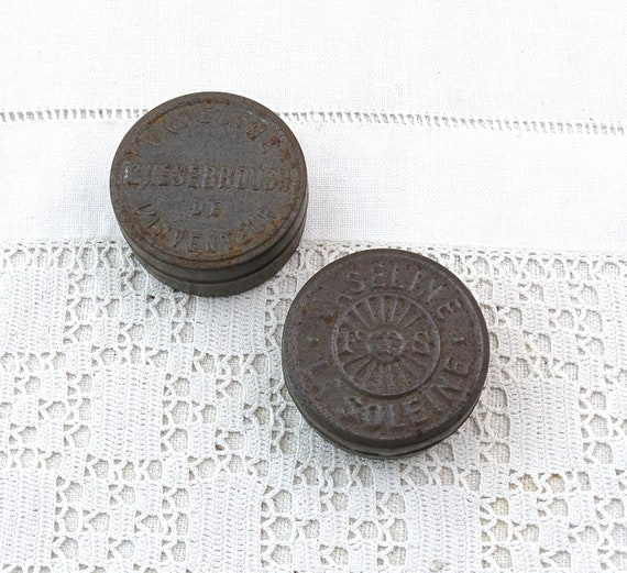 2 Small Antique French Vaseline Round Tins Chesebrough and La Soleine, Vintage Collectible Petroleum Jelly Advertising Items France