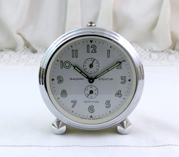 Large Working Vintage Bayard Stentor Répétition Alarm Clock, French 1950s 60s Mechanical Wind Up Mantel Clock, Cream and Chrome Retro Decor