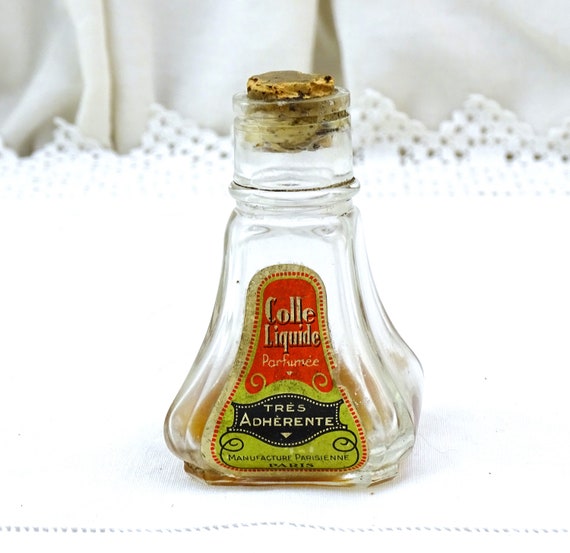 Antique French Flared Glass Glue Bottle with Original Paper Label, Retro Old Adhesive from France, Vintage Country Brocante Farmhouse