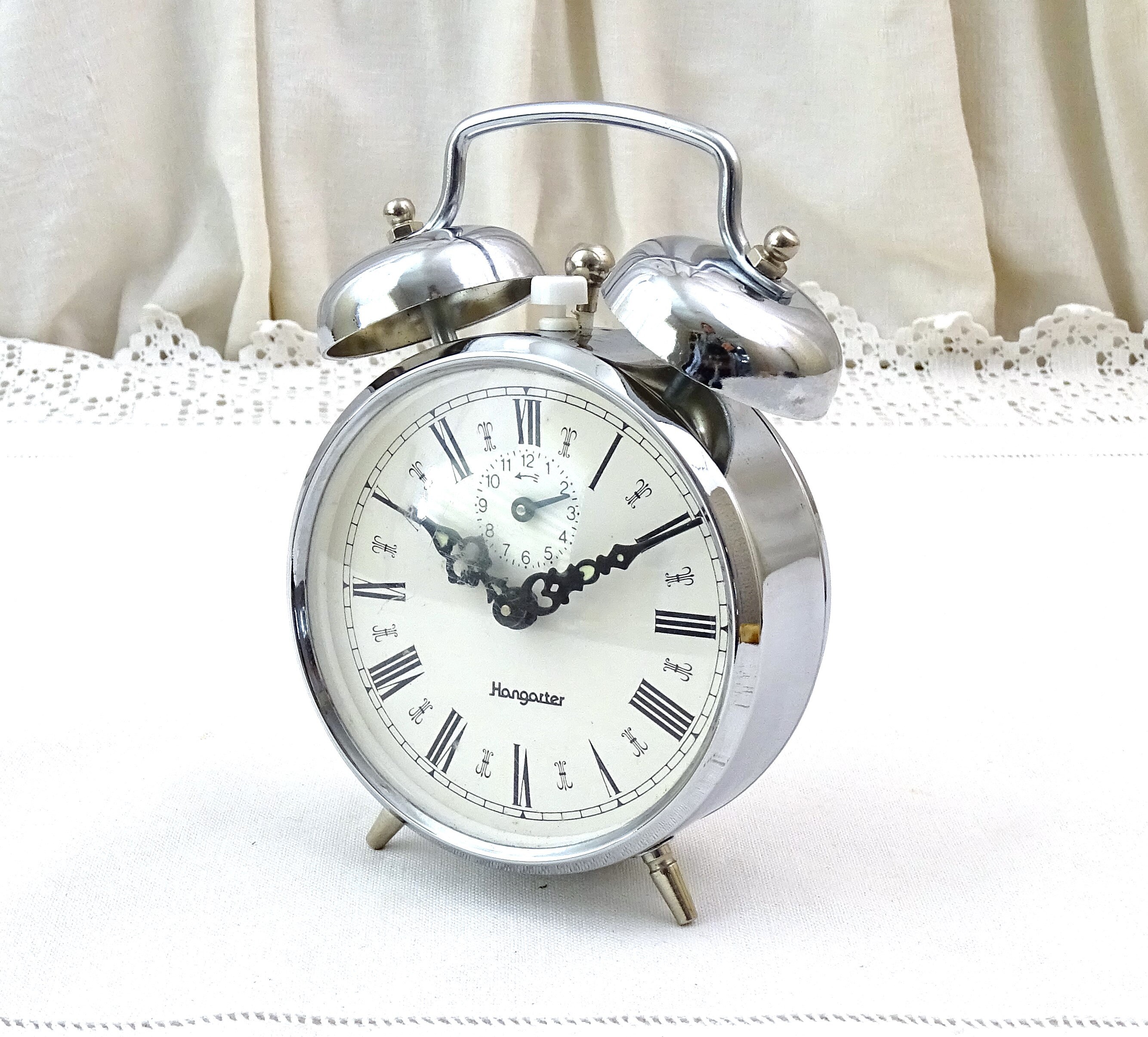 Vintage 1960s Working Silver Colored Metal Mechanical Alarm Clock